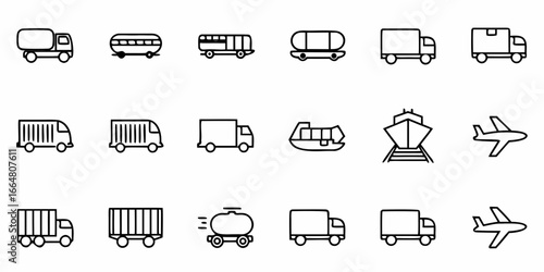 Collection of transport icons including trucks trains ships and airplanes in outline style vector design