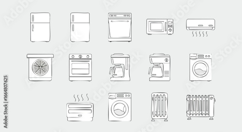 Doodle-style illustration showcasing a collection of various household appliances, creating a simple and clean visual arrangement of essential devices