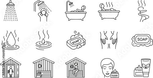 lsolated a Personal hygiene and spa wellness activities represented in clean line style set. Includes showering, bathing, steam, hot water, soap, massage, sauna and skincare icons. vector art .