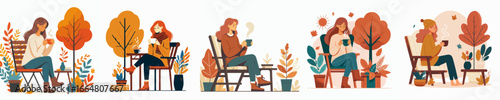 vector of a woman drinking warm coffee in autumn