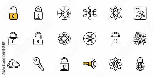 Depiction of various security and network icons including locks keys and network representations in line art