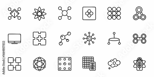 Collection of science and technology icons including molecules and computer related symbols drawn in black lines