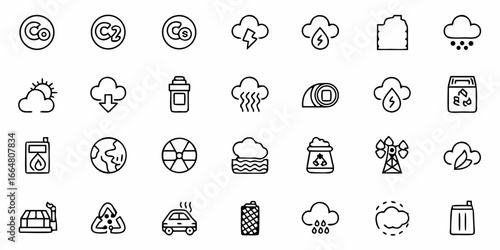 Collection of environmental and pollution related icons in a simple outline style graphic design