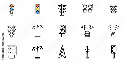 Illustration of various traffic and communication related icons in a line art style arrangement