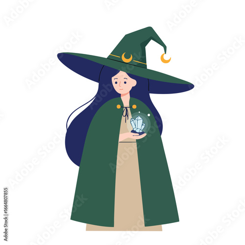 A cartoon witch with a green hat and cape holding a glowing crystal ball.