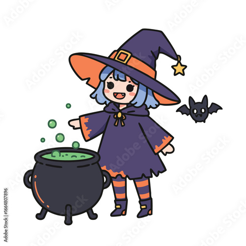 A cute cartoon witch with blue hair making a bubbling green potion in a black cauldron, accompanied by a small bat.