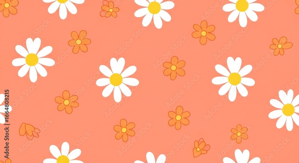 Cheerful coral backdrop with scattered white daisies and smaller orange flower blossoms