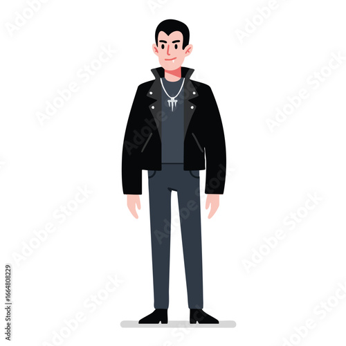 Cartoon illustration of a stylish vampire man wearing a leather jacket and cross necklace.