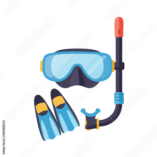 Snorkeling equipment illustration with mask, snorkel, and fins.
