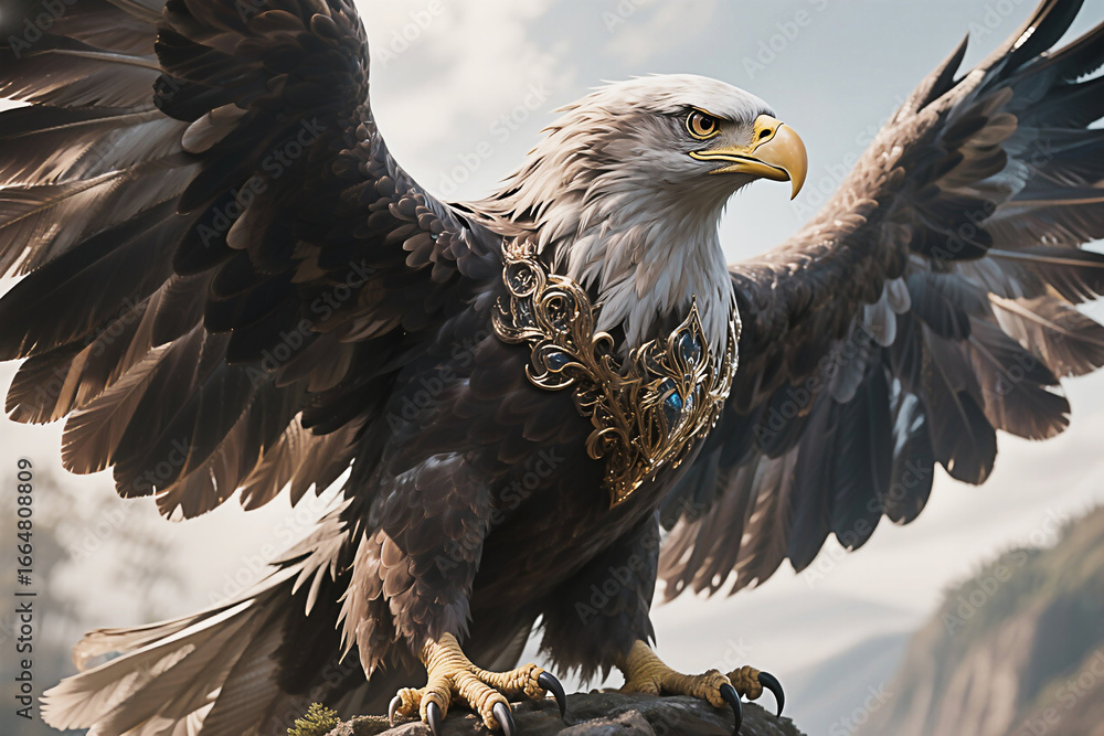 Fototapeta premium Majestic Bald Eagle: Wings Spread Wide in Dramatic Landscape