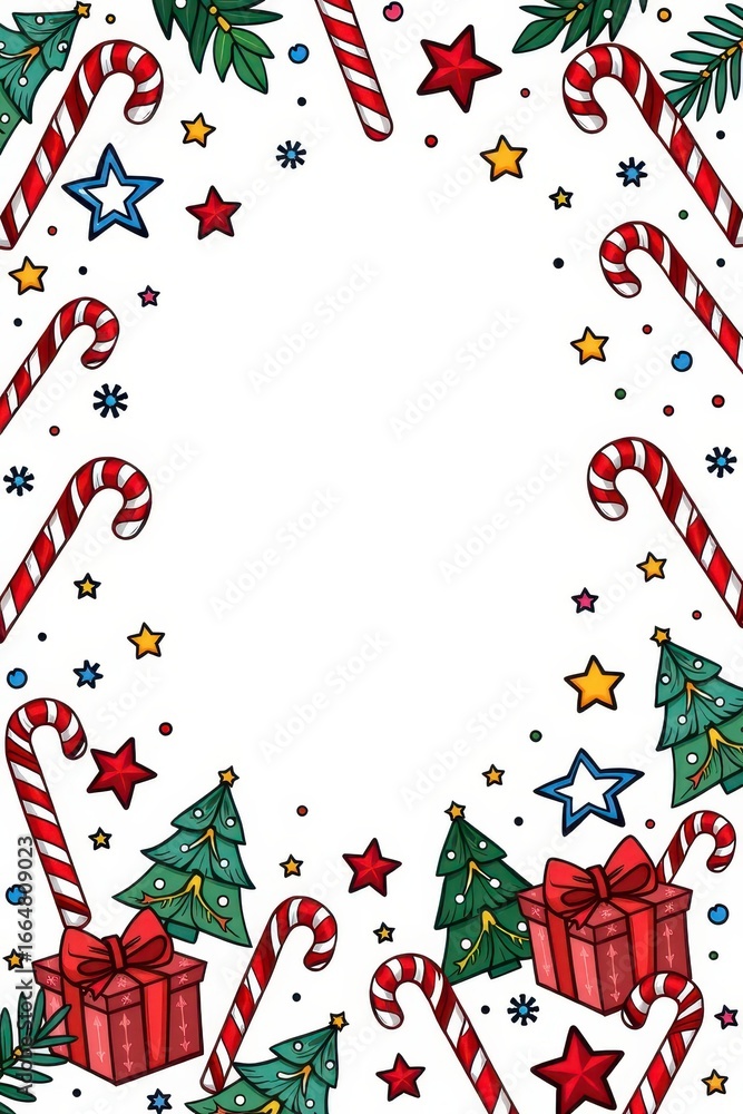 Fototapeta premium Festive Christmas doodles background featuring candy canes, stars, snow, trees, and gifts, joyful, holiday, gift