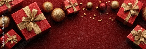 Elegant holiday gift arrangement with red boxes and golden decorations on a festive backdrop