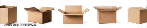 Four different cardboard boxes, open and closed, isolated on a white background,