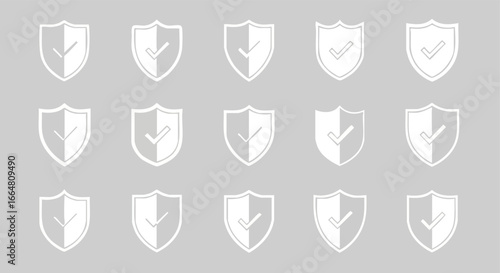 Collection of minimalist vector security shield icons representing approval and protection in an abstract, neutral color palette