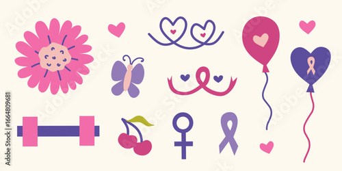 Breast cancer awareness month elements collection. Sticker set for oncology fighters. Icon collection in pink color. Cartoon doodles for poster, social media, sticker, printables, banner, infographic.