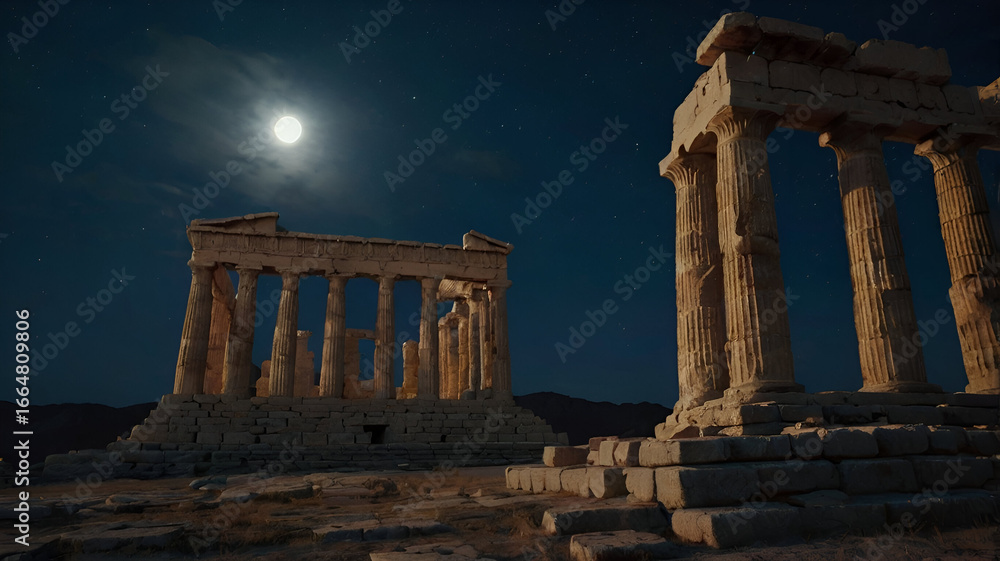 Obraz premium Greek temple ruins under moonlight, Travel photography