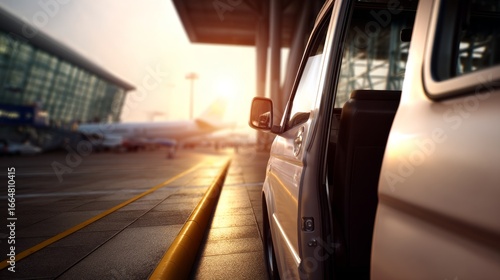 Inviting Airport Shuttle Van Outside Terminal with Open Door, Soft Studio Lighting, POV Shot