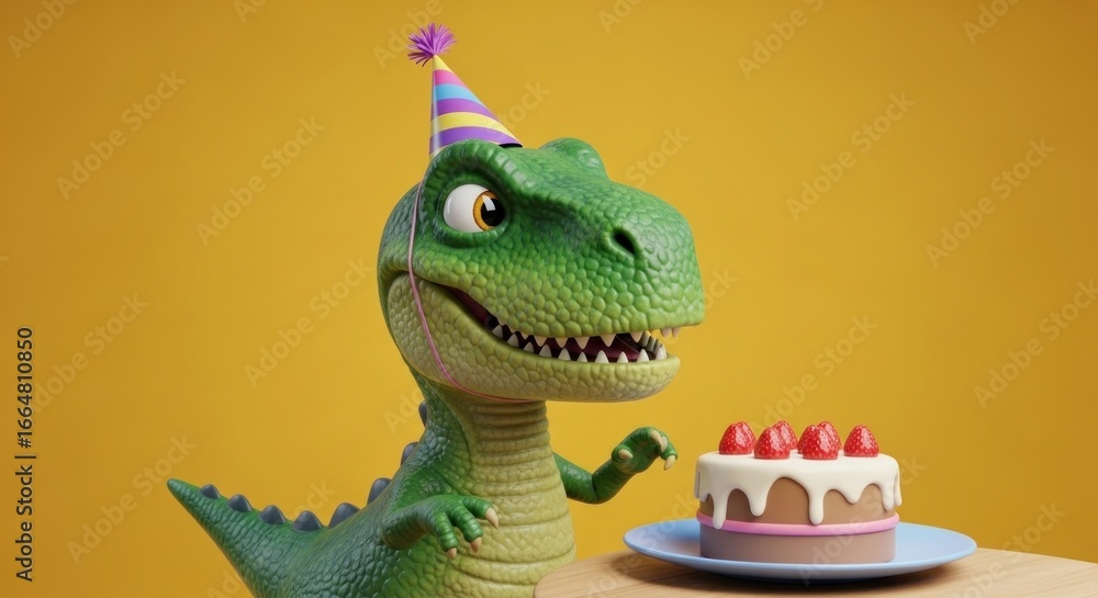 Naklejka premium Cartoon dinosaur wearing party hat, holding cake with strawberries on plate against solid background