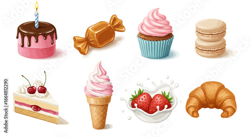Indulge in sweet deliciousness with a tempting array of treats including cake, candy, cupcake, macarons, ice cream, strawberries in cream, and a golden croissant for pure dessert bliss