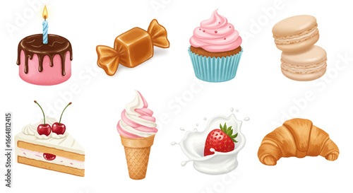 A collection of various sweet desserts including cake candy cupcake macarons and other pastries displayed.