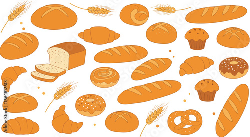 A Delicious Assortment of Freshly Baked Goods Featuring a Variety of Breads Croissants Muffins and a Donut Presented in an Appealing Layout