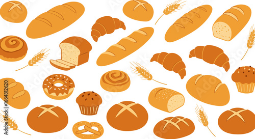 A Delicious Assortment of Baked Goods Including Fresh Bread Croissants Muffins Pretzels Donuts and Sweet Rolls Perfect for a Bakery or Food Related Theme