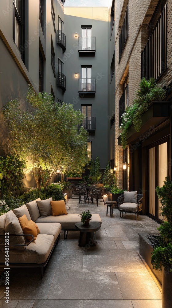 Naklejka premium Urban courtyard with lounge and greenery