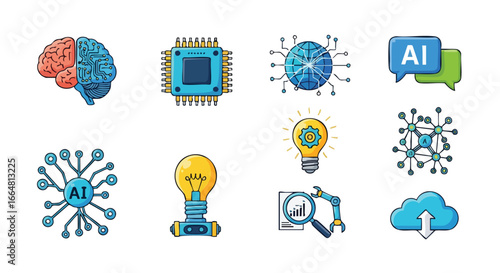 Diverse conceptual art collection symbolizes progress in artificial intelligence innovation across technologies for creative projects development