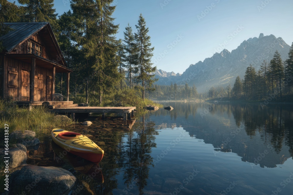 Obraz premium A peaceful summer scene with a wooden cabin by a calm lake, colorful kayak floating near the dock, pine trees reflecting on the water, mountain range in the distance, early morning mist, no people.