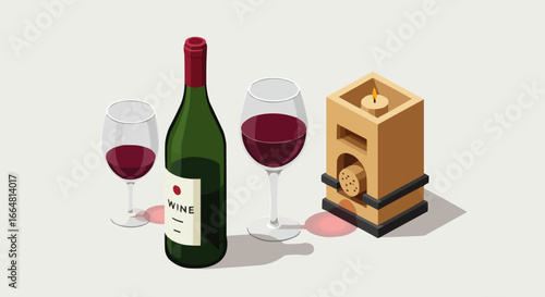 Elegant Isometric Red Wine Still Life with Bottle, Glasses, and Candlelight