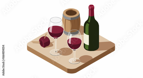 Isometric Red Wine Scene: Bottle, Two Glasses, Small Barrel, and Appetizer on a Wooden Serving Board - Vector Illustration