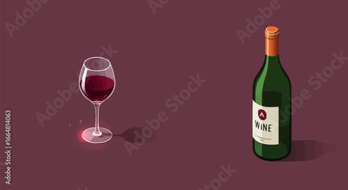 Elegant Isometric Red Wine Bottle and Glass Vector Illustration on Dark Background, Alcoholic Beverage for Celebration and Dining Concepts