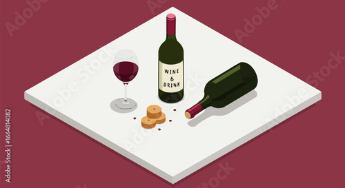 Red Wine Drink Bottles, Glass, and Corks - Modern Isometric Illustration