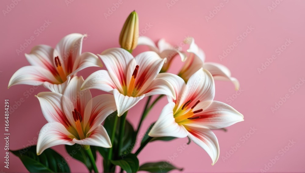 Fototapeta premium Delicate arum lily blossoms against a soft pink backdrop, creating a romantic and elegant floral arrangement, summer, blossoms, romantic