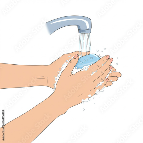 Washing hands with soap and water under a faucet for hygiene and health