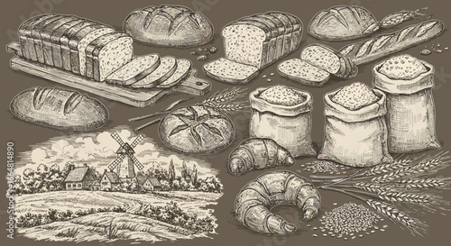 A vintage illustration showcases a delightful assortment of freshly baked bread and pastries reminiscent of a rustic countryside bakery and wheat fields providing a rich and wholesome food experience