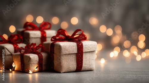 Gift boxes with red ribbons are beautifully arranged against bokeh background, creating festive and warm atmosphere