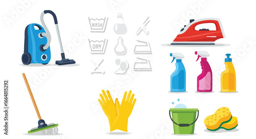 Depiction of household cleaning supplies showcasing equipment and solutions for maintaining hygiene and neatness within domestic spaces
