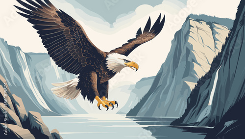 Majestic eagle soaring above a mountainous landscape with a river in a captivating and dynamic style