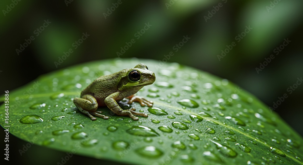 Obraz premium Green Frog Resting on a Leaf Covered in Fresh Raindrops