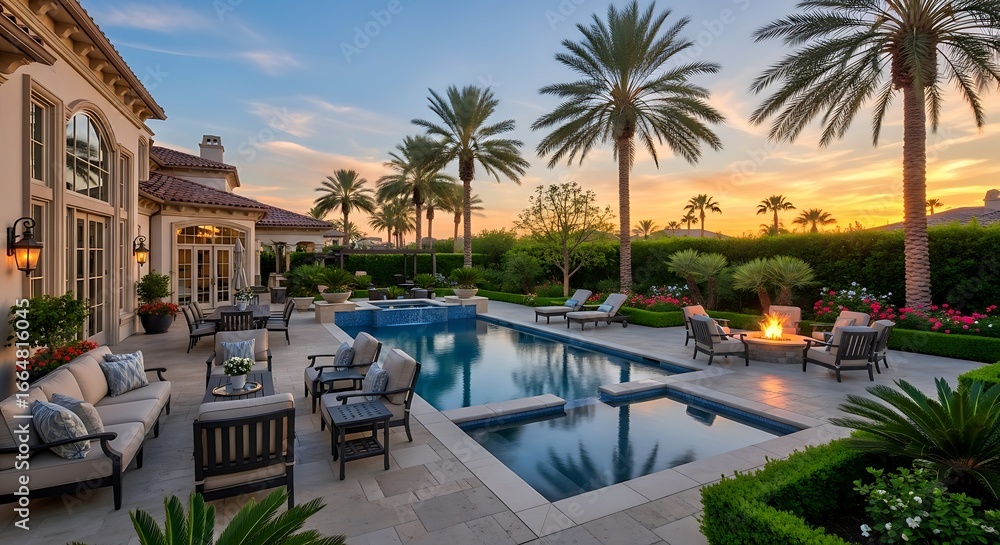 Fototapeta premium A luxurious backyard oasis featuring a stunning pool, comfortable seating, and lush landscaping, perfect for relaxation and entertaining in a beautiful outdoor setting at sunset