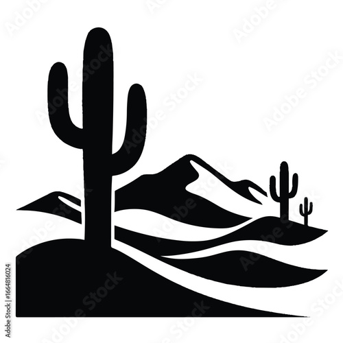 Desert landscape with cactus and sand dunes in silhouette