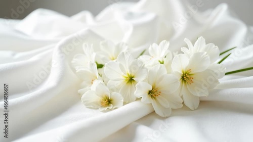 White flowers on silk background floral arrangement close up nature art