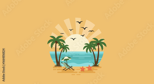 A tranquil tropical beach scene unfolds under a radiant sun with a gentle sea breeze and scattered seabirds overhead perfect for a relaxing summer getaway