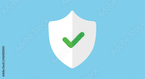 Shield with green checkmark against blue background symbolizing digital security, trust, and verification process providing secure assurance