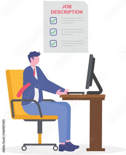 Flat illustration of employer write job description document on clipboard responsibility and qualification for employment

