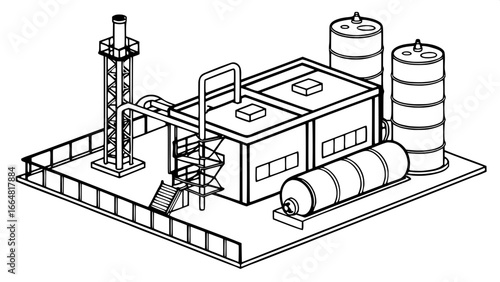 "Professional engineering schematic of a chemical plant layout: tanks, pipelines, and heat exchanger units arranged systematically, drawn in black and white line art style."