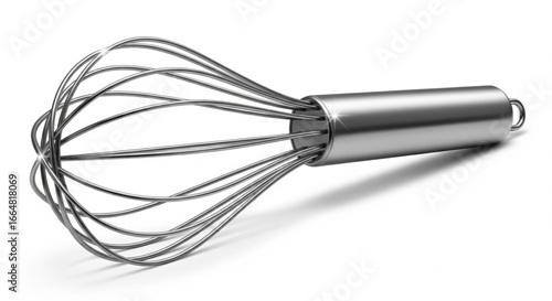 A stainless steel wire whisk with a cylindrical handle is shown on a white background, casting a shadow.