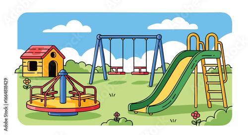 Vibrant and whimsical playground scene featuring a merry-go-round swing set and slide nestled in a cartoon landscape full of joy and color