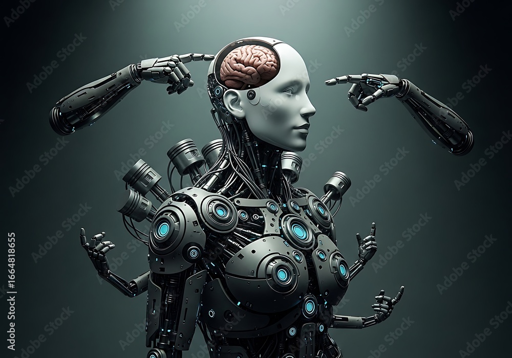 Naklejka premium Two robotic arms extend their fingers to touch the head of a humanoid robot that reveals a human brain, illustrating a fusion of artificial and biological intelligence